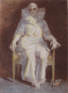 Mulher com vestido branco sentaad em uma cadeira